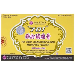 Image of package label for 701 Dieda Zhengtong Yaogao - Pain Patch (Medicated Plaster) company's external analgesic, 10 pouches of 4 plasters per pouch, total 40 plasters, each plaster 3.93 by 2.75 inches (10 by 7 centimeters). Chinese and english text.