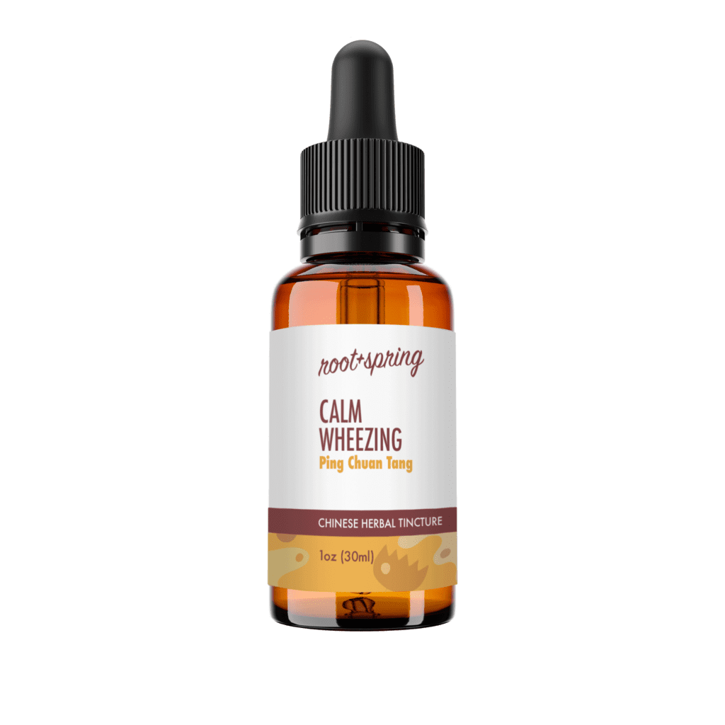 Image of Eyedropper-top tincture bottle containing 1 fluid ounce (30 milliliters) of Calm Wheezing (Ping Chuan Tang) by root + spring.
