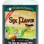 Image of a white bottle with a label for Plum Flower Six Flavor teapills, or Liu Wei Di Huang Wan.