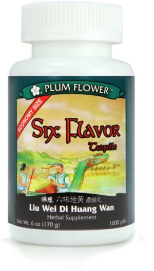 Image of a white bottle with a label for Plum Flower Six Flavor teapills, or Liu Wei Di Huang Wan.
