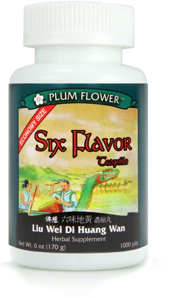 Image of a white bottle with a label for Plum Flower Six Flavor teapills, or Liu Wei Di Huang Wan.