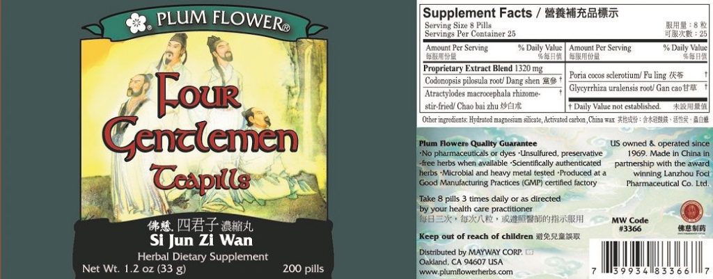 Plum Flower - Four Gentlemen (Si Jun Zi Wan) label with supplement facts, ingredients, quality guarantee, manufacturer information, and distributor contact info.