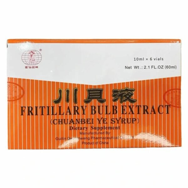 fritillary bulb extract, chuan bei ye syrup, six vial, ten milliliters each, english and chinese lettering