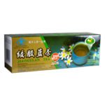 Gold and green box of 40 teabags, Jiao Gu Lan tea, Jinxi Sheng Tang San Natural Health Product Company LTD. Net weight 2.23 ounces (80 grams). Chinese and English text.