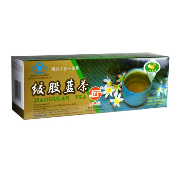 Gold and green box of 40 teabags, Jiao Gu Lan tea, Jinxi Sheng Tang San Natural Health Product Company LTD. Net weight 2.23 ounces (80 grams). Chinese and English text.