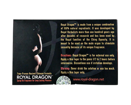 Label with information, directions, warning, and website (www.royal-dragon.net) for Royal Dragon Men's Fragrance Spray.