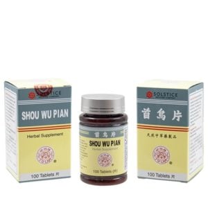 Bottle of 100 Tablets of Solstice Medicine Company's Shou Wu Pian Herbal Supplement, with English and Chinese text.