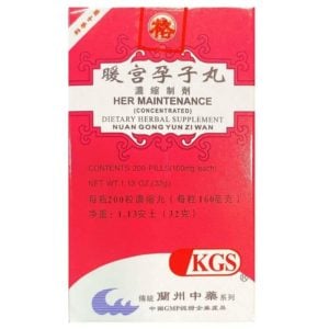 Box of 200 pills of KGS Her Maintenance (concentrated) dietary herbal supplement Nuan Gong Yun Zi Wan, with English and Chinese text.