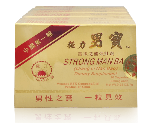 Pack of six yellow boxes, each containing 20 capsules, 350mg each, net weight 0.25 ounces (7 grams, Strong Man Bao - Qiang Li Nan Bao. Chinese and English text on package.