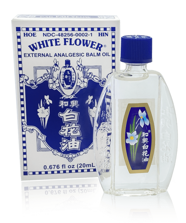 Clear fancy oval-shaped bottle containing 0.676 fluid ounces (20 milliliters) of analgesic balm. Chinese and English text.