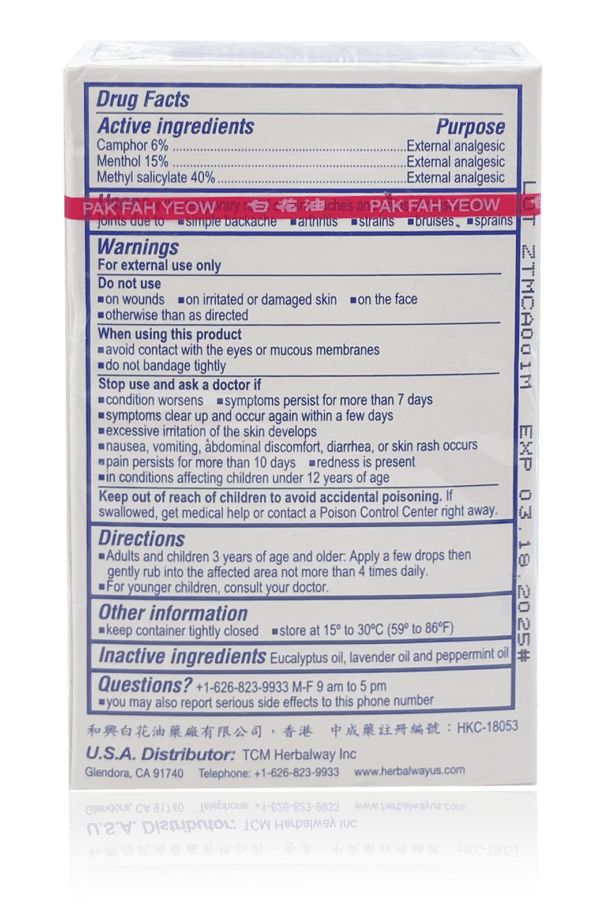 Box panel showing drug facts including active ingredients, applications, warnings, directions, care and storage, inactive ingredients, and contact information.