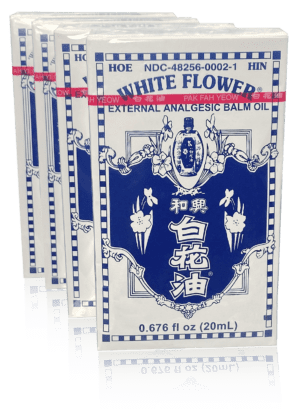 Four-box pack of Minyak Angin White Flower Embrocation. 0.676 fluid ounces (20 milliliters).
