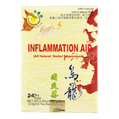Box of 24 tea bags of 100% Caffeine Free Golden Child Magic Herb Tea 5 Inflammation Aid (All Natural Herbal Supplement), with English and Chinese text.