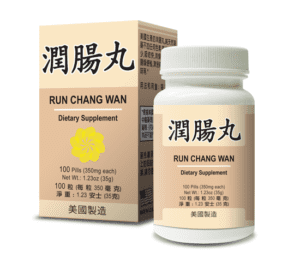 Bottle of 100 pills of Lao Wei's Run Chang Wan Dietary Supplement, English and Chinese text.