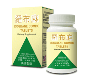 Bottle of 60 Dogbane Combo Tablets Dietary Supplement by Lao Wei, English and Chinese text.