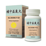 Bottle of 100 pills of Lao Wei's Bu Zhong Yi Qi Dietary Supplement, English and Chinese text.