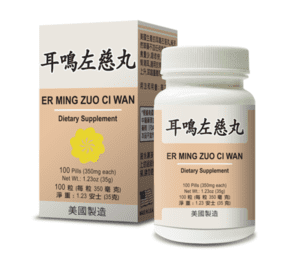 Bottle of 100 pills of Lao Wei's Er Ming Zuo Ci Wan Dietary Supplement, English and Chinese text.