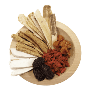Ingredients are astragalus (huang qi), codonopsis (dang shen), dried wild chinese yam (huai shan), lycium fruit (gou qi zi), longan fruit (long yan rou), and red dates (hong zao).
