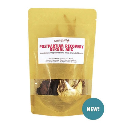 Resealable pouch of Postpartum Recovery Herbal Mix by root + spring, with ingredient list.