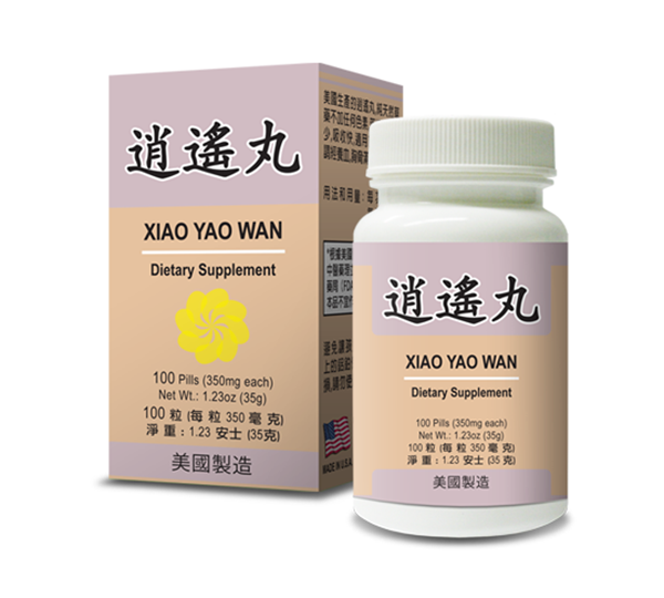 Bottle of 100 pills of Lao Wei's Xiao Yao Wan Dietary Supplement, English and Chinese text.