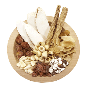 Ingredients are apricot seed (xing ren), codonopsis (dang shen), dried chinese wild yam (huai shan), lycium fruit (gou qi zi), lily bulb (bai he), foxnut (qian shi), longan fruit (long yan rou), and lotus seed (lian zi).