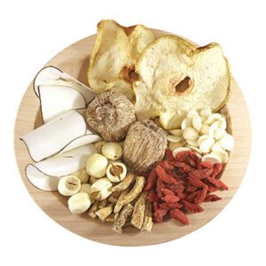 Ingredients are american ginseng (xi yang shen), lycium fruit (gou qi zi), lotus seed (lian zi), sea coconut (hai di ye), dried asian pear (ya li), bitter almonds (bei xing ren), sweet almonds (nan xing ren), and dried honey dates (mut cho).