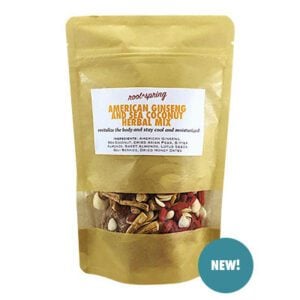 Resealable pouch of root + spring American Ginseng and Sea Coconut Herbal Mix, with ingredient list.