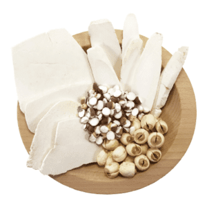 Ingredients are chinese yam (shan yao), foxnut (qian shi), poria mushroom (fu shen), and lotus seed (lian zi).