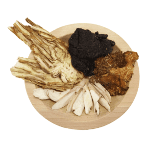Ingredients are prepared rehmannia (shu di huang), white peony root (bai shao), Sichuan lovage rhizome (chuang xiong), and angelica root (dang gui).