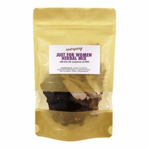 Resealable pouch of root + spring Just for Women Herbal Mix, with ingredient list.