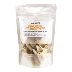 Resealable pouch of root + spring Dried Ginger and Palm Coconut Herbal Tea, promotes healthy digestion, with ingredient list.