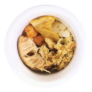 Ingredients are dried monkfruit (luo han guo), baby chrysanthemum (ju hua), dried Asian pear (ya li), bitter almonds (bei xing ren), sweet almonds (nan xing ren) and dried longan (long yan rou).
