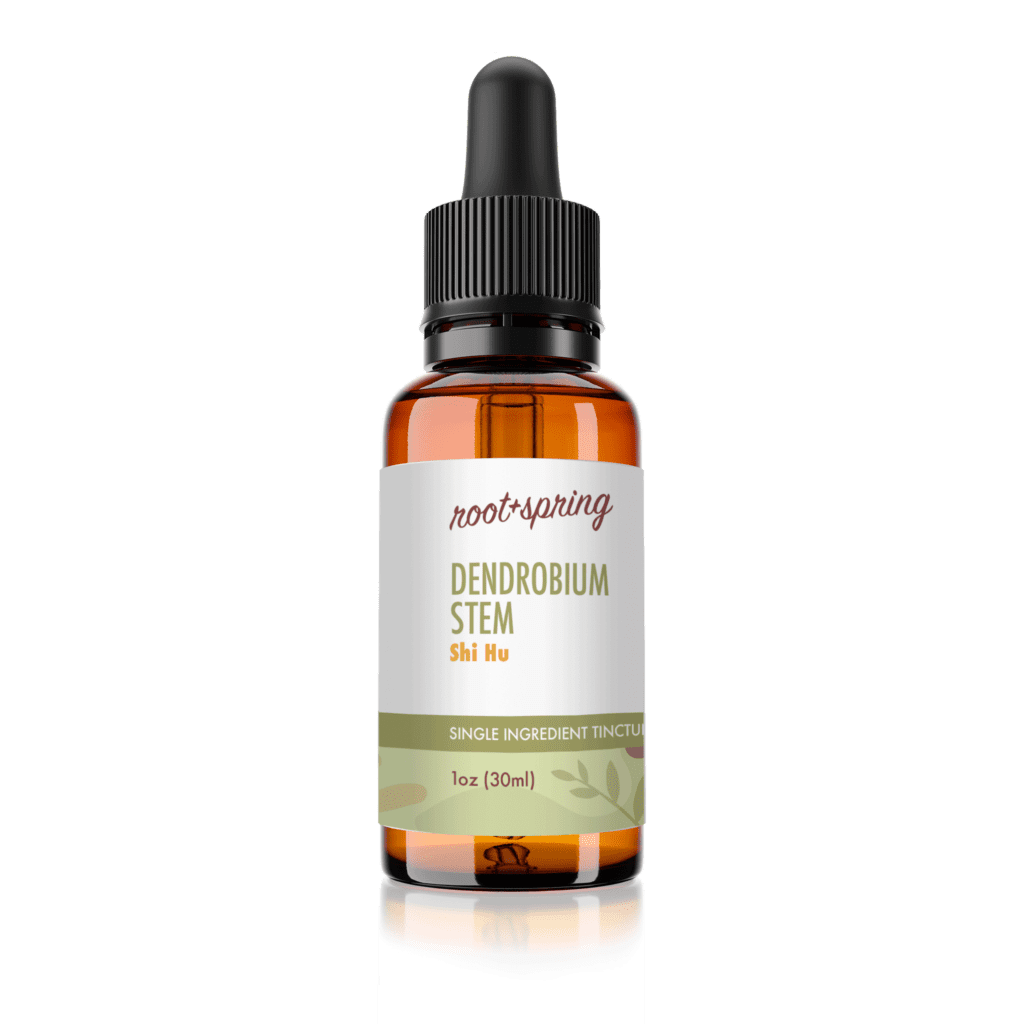 Image of eyedropper-top tincture bottle containing 1 fluid ounce (30 milliliters) of Dendrobium Stem (Shi Hu) by root + spring.