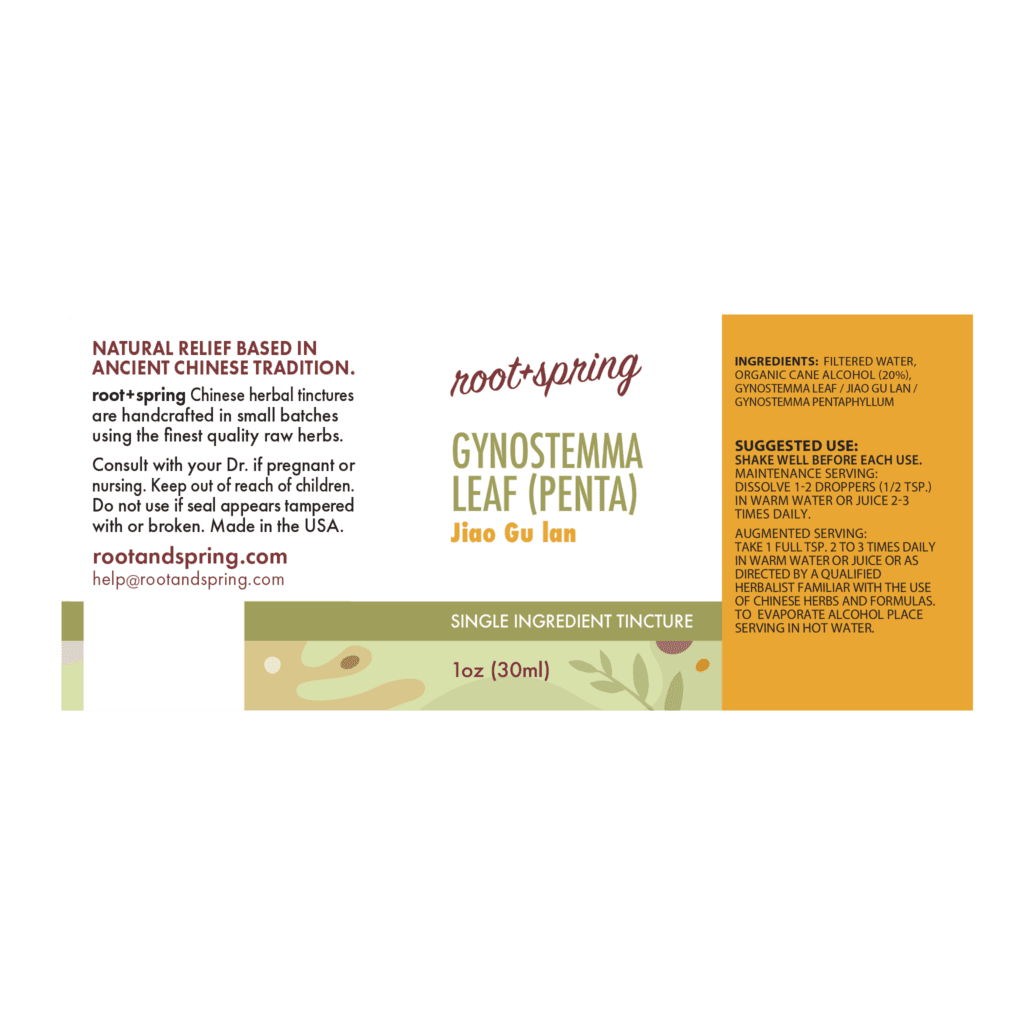 Image of Gynostemma-Leaf label with ingredients, suggested use, directions, and precautions.