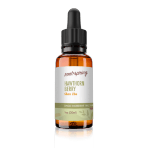 Eyedropper-top tincture bottle containing 1 fluid ounce (30 milliliters) of Hawthorn Berry (Shan Zha) by root + spring.