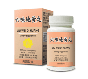 A bottle of 100 pills of Lao Wei's Liu Wei Di Huang Dietary Supplement, English and Chinese text.
