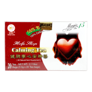 Box of 20 tea bags of 100% Caffeine Free Pretty Lotus Magic Herb Tea 15 Help Sleep Calming Tea (All Natural Herbal Supplement), with English and Chinese text.
