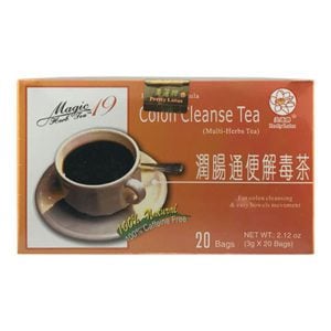 Box of 20 bags of 100% natural, 100% Caffeine Free Pretty Lotus Magic Herb Tea 19 Colon Cleanse Tea multi-herbs tea for easy bowel movement, with English and Chinese text.