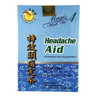 Box of 24 tea bags of 100% caffeine free golden child magic 4 all natural herb supplement. Chinese and English text.