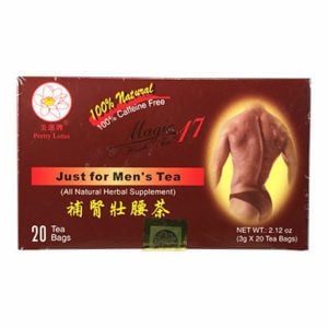 Box of 20 tea bags of 100% Caffeine Free Pretty Lotus Magic Herb Tea 17 Just for Men's Tea (All Natural Herbal Supplement), with English and Chinese text.