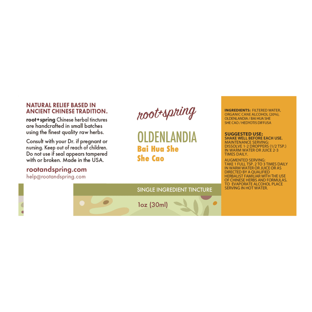 Image of Oldenlandia label with ingredients, suggested use, directions, and precautions.