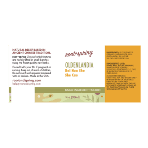 Image of Oldenlandia label with ingredients, suggested use, directions, and precautions.