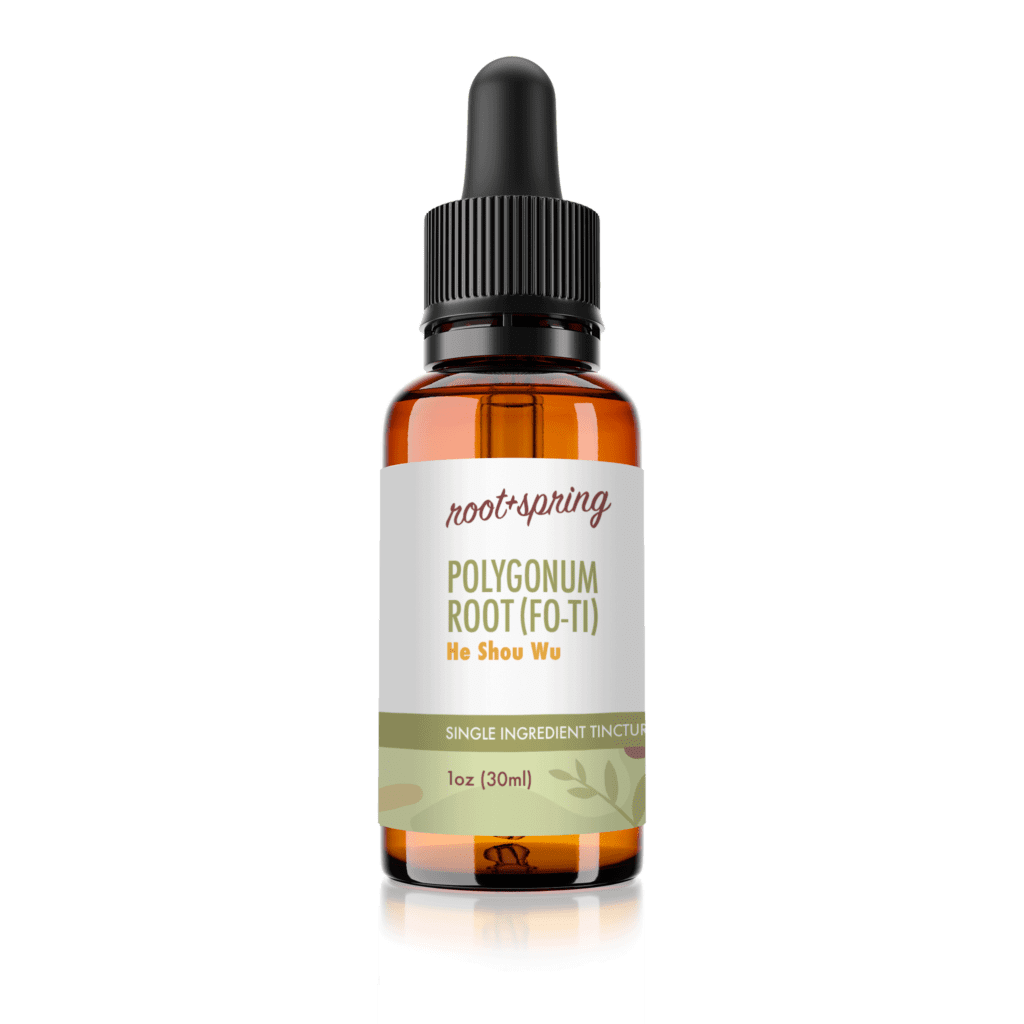 Image of eyedropper-top tincture bottle containing 1 fluid ounce (30 milliliters) of Polygonum Root (Fo-Ti) He Shou Wu by root + spring.