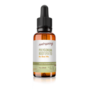Eyedropper-top tincture bottle containing 1 fluid ounce (30 milliliters) of Polygonum Root (Fo-Ti) He Shou Wu by root + spring.