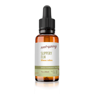 Eyedropper-top tincture bottle containing 1 fluid ounce (30 milliliters) of Slippery Elm (Ulmus Rubra) by root + spring.