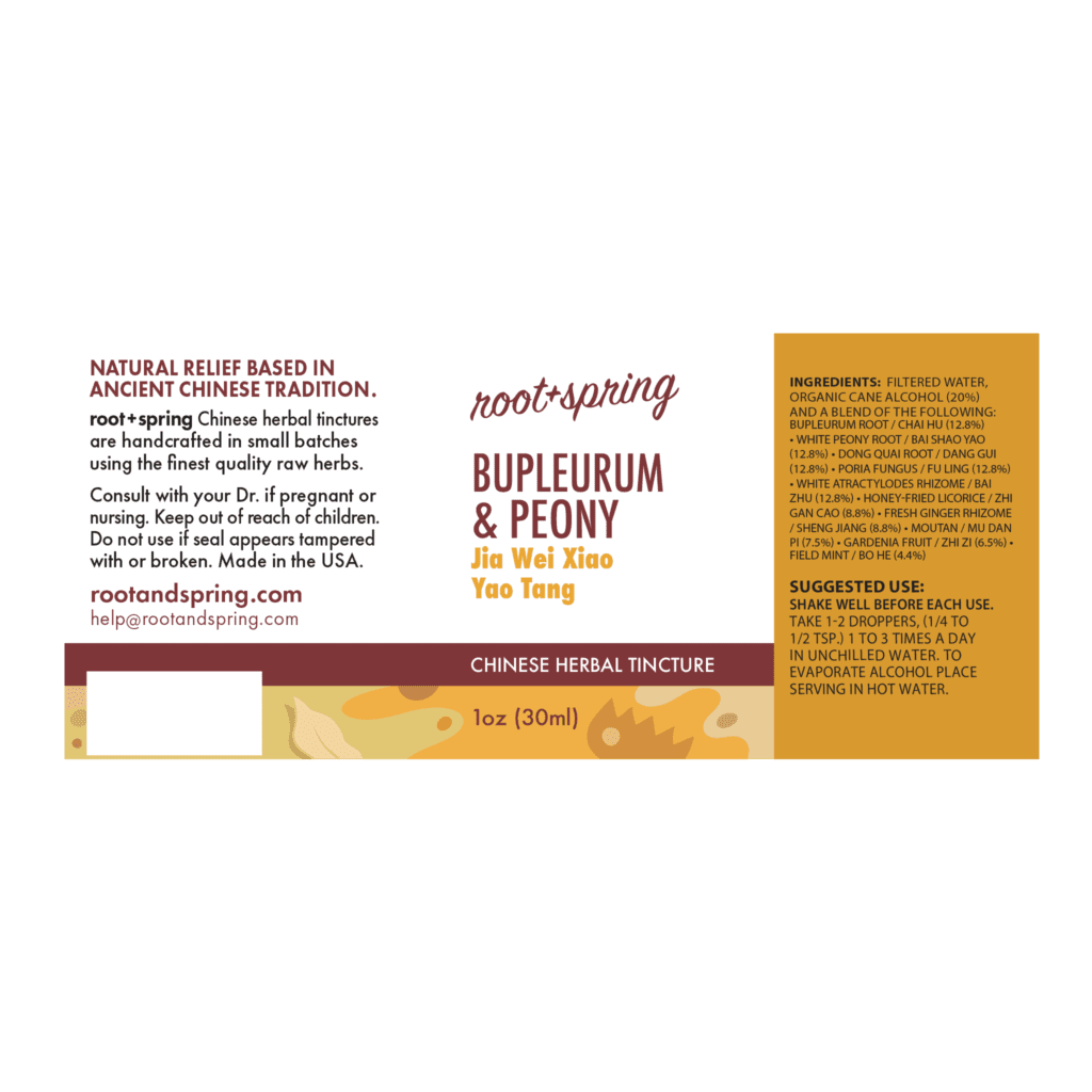 Image of Bupleurum-&-Peony label with ingredients, suggested use, directions, and precautions.