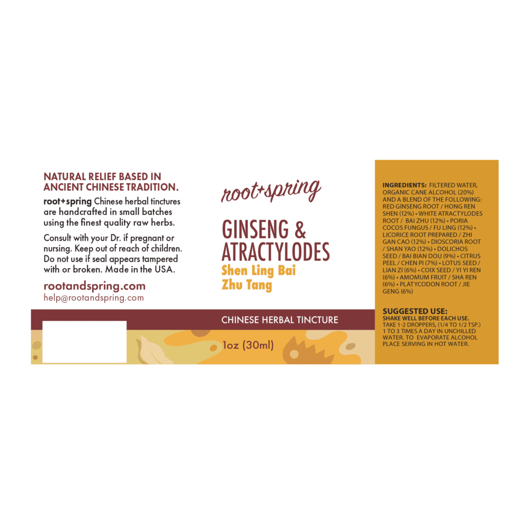 Image of Ginseng-&-Atractylodes label with ingredients, suggested use, directions, and precautions.
