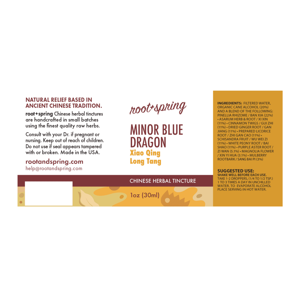 Image of Minor-BLue-Dragon label with ingredients, suggested use, directions, and precautions.
