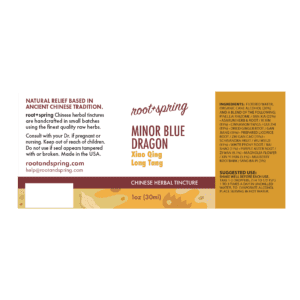 Image of Minor-BLue-Dragon label with ingredients, suggested use, directions, and precautions.
