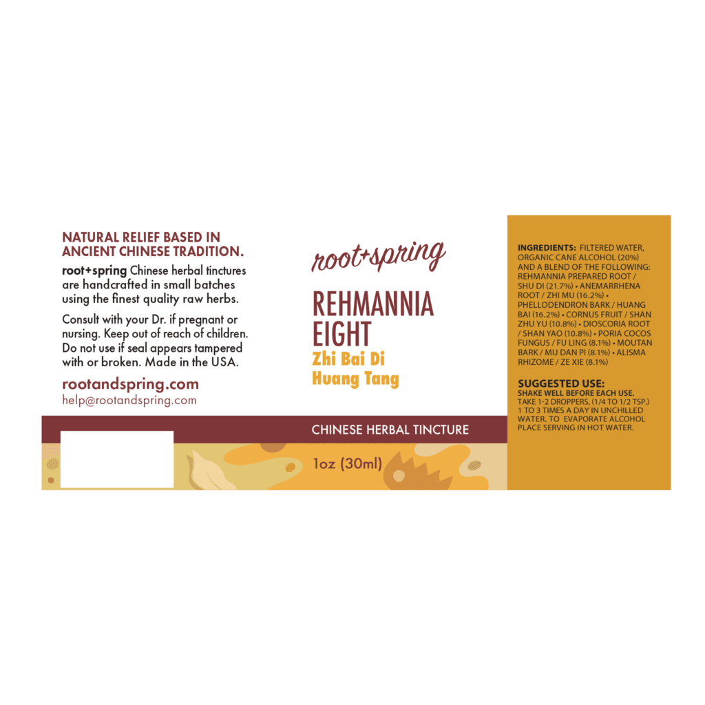 Image of Rehmannia-Eight label with ingredients, suggested use, directions, and precautions.